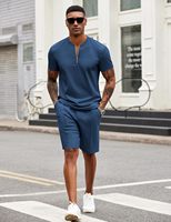 Ensemble décontracté deux pièces pour homme : T-shirt tricoté à col zippé et short athlétique, respirant et confortable pour l'été, idéal pour la course et l'entraînement, 100% coton.