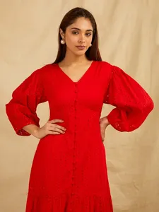 Red V-Neck Puff Sleeve Midi <b>Dress</b> With Ruffle Hem And Button Front Casual Loose Fit Woven Cotton Spring Daily Wear For Women - Product Image 2