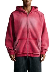 Sweat-shirt à capuche zippé oversize rouge délavé en molleton bouclette, décontracté, unisexe, avec poches, pour l'automne, sweats à capuche et pulls pour hommes - Product Image 4