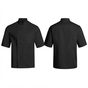 Veste de chef unisexe haut de gamme en polycoton tissé 210 GSM, noire, à manches courtes, double boutonnage, uniforme de cuisine, impression sérigraphique personnalisée - Product Image 1