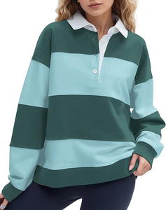 Polo à manches longues pour femme, color-block, décontracté, tricoté, 100 % polyester, longueur standard, col rouge, marine et blanc - Product Image 4