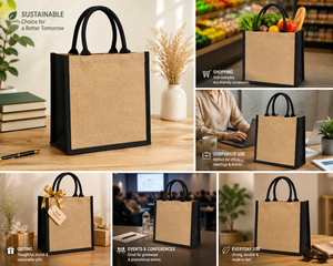 Jute Tote <b>Bag</b> Small Size Black Trim Top Handle <b>Reusable</b> Heavy Duty Beach & Gift Use Groceries Carrier - Product Image 5