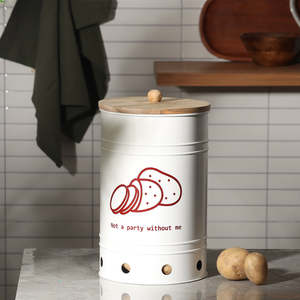 Conteneur de rangement cylindrique en métal blanc avec couvercle métallique, design vintage de dessin animé de pomme de terre, empilable pour la conservation des aliments frais dans la cuisine - Product Image 1