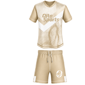 Ensemble de rugby blanc beige à manches courtes, maillot de rugby à col rond avec motif, short à cordon de serrage, vêtements de sport pour équipe athlétique - Product Image 1