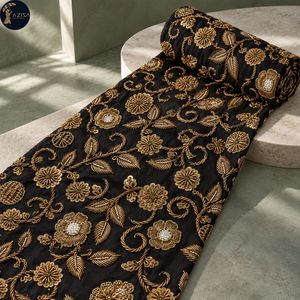 Botanical Gold <b>Embroidery</b> Dress <b>Fabric</b> with Raised Floral Leaves and Green Accents | Decorative Textile for Bridal Gowns Evening - Product Image 2