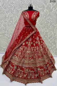 Robe de mariée en soie brodée rouge, style Lehenga Choli, longueur ras du sol, coupe trapèze, richement perlée, style Banarasi, avec dupatta, pour la mariée et les fêtes - Product Image 2