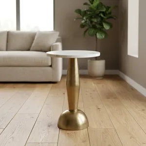 Modern Round White Marble Top <b>Side</b> <b>Table</b> with Brushed <b>Gold</b> Metal Pedestal Base Luxury Accent Furniture for Elegant Living Spaces - Product Image 5