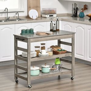 Carrello da Cucina Grigio con Design Antico, Piano in Acciaio Inox, Ripiano Inferiore e Centrale, 4 Ruote Girevoli, Materiale Metallico Resistente - Product Image 2