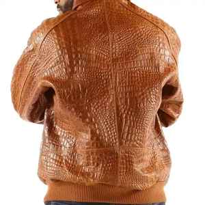 MEN'S PREMIUM <b>LEATHER</b> <b>JACKET</b> WITH CROCODILE EMBOSSED FINISH LUXURY BROWN <b>LEATHER</b> OUTERWEAR FULL ZIP FRONT <b>LONG</b> SLEEVE - Product Image 5