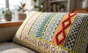 ABSTRACT INDIA Golden Fern Geo Play Embroidered Eco-friendly Bohemian Floral 100% Cotton Customizable Rectangle <b>Cushion</b> <b>Cover</b> - Product Image 3