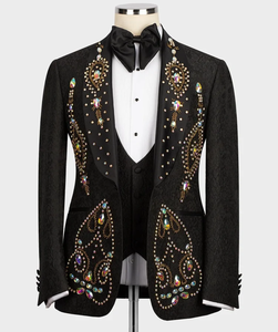 Men’s Black Embroidered <b>Rhinestone</b> Tuxedo Suit <b>Jacket</b> – Designer Wedding & Party Blazer with Shawl Lapel - Product Image 3