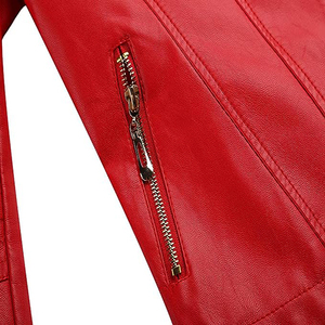 Veste de moto Jimieson Apparel pour femme en cuir véritable rouge, épaisse, coupe-vent, manches longues, col montant, fermeture éclair, couleur unie - Product Image 6