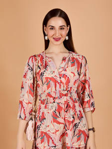 เดรสผู้หญิงลายดอกไม้ คอวี แขนบาน แต่งระบายชายกระโปรง ทรงหลวม ซักได้ - Product Image 4