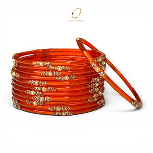 Bijoux indiens directement de l'usine, bracelets en verre kashmiri orange en forme de goutte de pluie, plaqués or, cristaux, pour mariage et occasions festives, prix de gros - Product Image 2