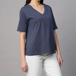 Women V-Neck T-Shirt Solid Color 100% Cotton Casual Knitted Breathable Regular Fit Short Sleeve All Seasons - Product Image 6