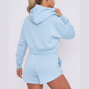 Conjunto Deportivo de Dos Piezas para Mujer, Sudadera con Capucha Azul Claro y Pantalones Cortos de Felpa, Estilo Casual, Holgado, Color Sólido, para Primavera/Verano - Product Image 6