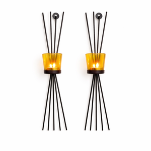 Ensemble de appliques murales modernes en métal noir avec porte-bougie en verre ambré, design minimaliste haut, éclat chaleureux, accent de décoration intérieure élégant - Product Image 1