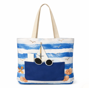 Sac de plage en toile rayée avec logo personnalisé, imprimé voilier et poche avant, grande taille, avec poignée épaule, sac de shopping - Product Image 1