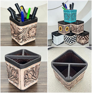 Support de bureau rond en cuir véritable fait main, gravé à la main, pour stylos et crayons, style occidental, pour la vente en gros - Product Image 3