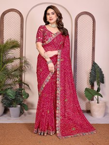 Sari con Estampado Bandhani de Diseñador y Borde Bordado |   Sari Étnico Tradicional Indio para Mujer |   Ropa Festiva para Fiestas - Product Image 4