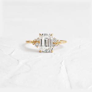 Premium <b>Emerald</b> Cut Lab Grown Diamond <b>Ring</b> with Side Stones 10K 14K 18K Solid Yellow Gold Prong Engagement Party Wedding Jewelry - Product Image 1