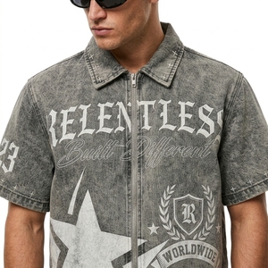 Chaqueta de Mezclilla Lavada 100% Algodón Personalizada para Hombre, Estampado Personalizado, Manga Corta, Cierre de Cremallera Frontal, Estilo Urbano, Verano, Otoño, Invierno - Product Image 4