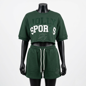 Women GSM Cotton Fleece Dark Green Crop <b>Top</b> Shorts Set <b>Rhinestone</b> Puff Print Custom Logo Outfit 100% Cotton T shirt & Short Set - Product Image 1