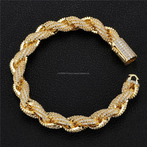 Premium Lab Grown Diamond Cuban Link Bracelet With Twisted Gold Tone Design And Brilliant Stone <b>Rows</b> For Wholesale Jewelry - Product Image 1