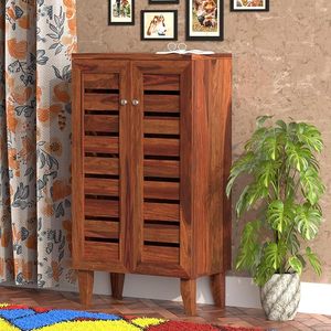 Furniture Woodcrony Wooden Small Shoe Rack with Door, Shoe Rack Cabinet Organizer with <b>Storage</b> - Sheesham Wood, Teak Finish - Product Image 3