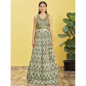 Attractive <b>Green</b> Embroidered Work Chinon Reception Lehenga Choli - Product Image 5
