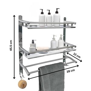 Stainless Steel 2 Tier Bathroom Shelf with Towel Holder Wall Mounted Bathroom Organizer Rack <b>Bath</b> Towel Bathroom Accessories - Product Image 2
