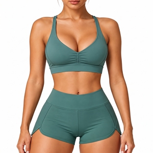 Women's Fitness 2-Piece Set Deep V Neck Halter Sports Bra Stretch High Waist Lifting <b>Hip</b> Workout Shorts - Product Image 1