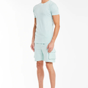 Men's Light Blue Cotton <b>Knitted</b> Solid Casual Summer Short <b>Set</b> Breathable T-Shirt and Shorts Outfit - Product Image 1