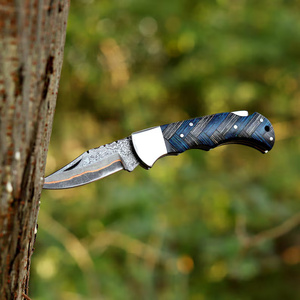 Cuchillo Plegable Recto de Acero de Damasco Premium con Mango Personalizado OEM, Cuchillo de Bolsillo Utilitario para Camping y Exteriores, Grado Industrial, Venta al por Mayor - Product Image 6