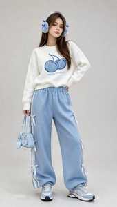 Oneten <b>Women's</b> Light Blue Turtleneck Long Sleeve <b>Top</b> Wide Leg Pants Sporty Loose Fit Autumn Tracksuit Set Zipper Closure - Product Image 1