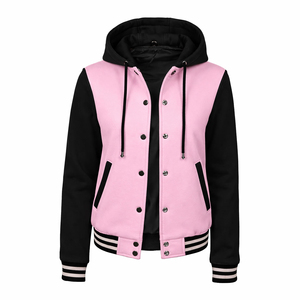 Custom Women Pink Black Hooded Varsity Jacket Casual Streetwear Bomber Jacket with Snap Buttons - Product Image 2