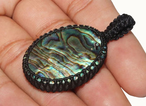 Handmade <b>Abalone</b> Paua <b>Shell</b> Macrame Pendant Black Cord Iridescent Colors Boho Necklace Unisex Everyday Wear - Product Image 2