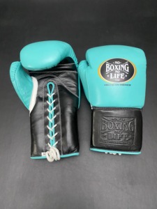 Gants d'entraînement de boxe personnalisés bleu turquoise et noir, « No Boxing No Life », sur mesure, OEM, en cuir véritable, à lacets, pour le kickboxing. - Product Image 4