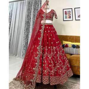 LEHENGA CHOLI DE SATÉN MALAY CON BORDADO DE LENTEJUELAS DE MODA CON DUPATTA ROJO LINGO PARA FIESTAS DE LINEN - Product Image 4
