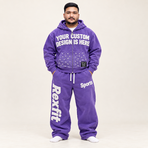 Conjunto de chándal unisex con cremallera y pedrería, pantalones de pierna ancha con letras aplicadas, etiqueta personalizada, estilo urbano, corte holgado, para otoño - Product Image 3