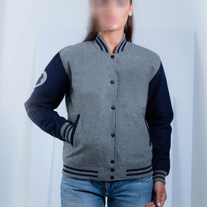 Veste universitaire grise pour femme avec manches marine, col boutonné, manches longues, design avec poches plaquées, idéale pour l'automne et l'hiver - Product Image 1