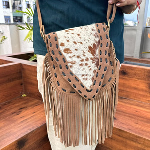 Venta caliente Western Real Hair on Suede Leather Fringe Crossbody Bag para mujer Custom Genuine Leather Hand Stitch Purse - Product Image 2