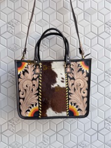 Stylish Sling Purse for Women Unique Design Hot Sale Hand Tooled Cowhide Fur <b>Genuine</b> Leather Tote Bag Multi Use - Product Image 3