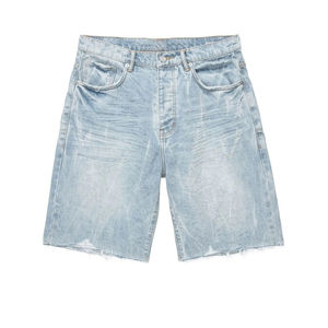 Shorts Bermuda en jean délavé bleu clair pour homme, taille mi-haute, fermeture boutonnée, style décontracté - Product Image 1