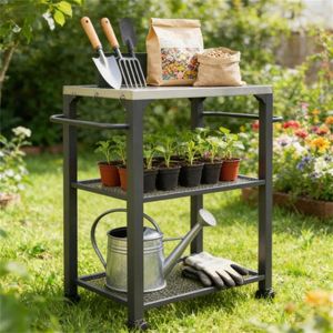 Carrello Multiuso da Esterno con Griglia e Ripiano Portaoggetti per Barbecue - Product Image 4