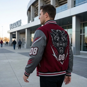Blouson Bomber Matelassé Homme Personnalisé Marron Style Universitaire avec Motif Loup, Vêtement de Course, Streetwear, Tenue d'Équipe, OEM, Qualité Supérieure - Product Image 3