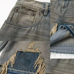 Men’s Grey Distressed Ripped Denim Shorts Frayed Hem Layered Design Loose Fit Knee Length Baggy Jean Shorts Casual Streetwear - Product Image 6