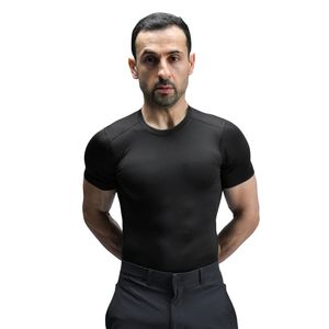 T-shirt à manches courtes pour homme, noir, coupe ajustée, col rond, extensible, pour entraînement sportif, gym, course à pied, vêtements de sport décontractés - Product Image 1
