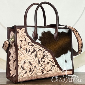 New Luxury Hand Tooled Hair On Cowhide Leather Women Western Style Tote Bag Vintage Floral Top <b>Handle</b> Crossbody Travel <b>Handbag</b> - Product Image 1