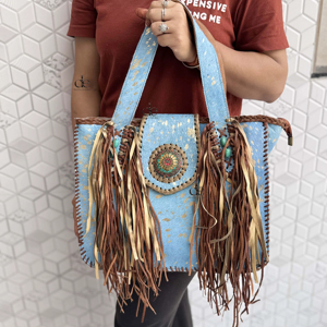 กระเป๋าถือสตรีหนังแท้ที่ทำจากขนสัตว์โลหะแท้มีสไตล์กระเป๋าสตางค์ผมแบบโบฮีเมียน - Product Image 1